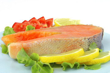 salmon steak on blue dish
