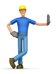 builder stands next to a blank place