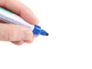 Person holding a blue pen against white background