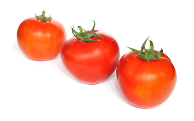 Three red tomatoes on white background