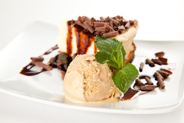 cheesecake  with ice cream and chocolate