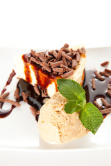 cheesecake  with ice cream and chocolate