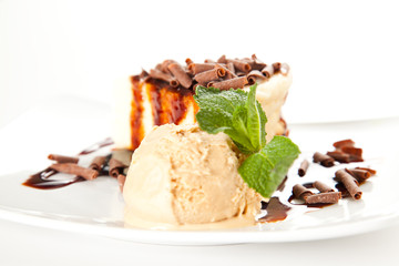 cheesecake  with ice cream and chocolate