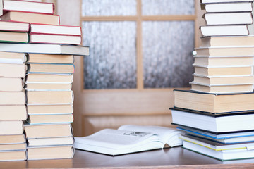 close-up of working place with books