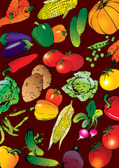 Collection of different vegetables on a red background.