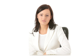 Closeup portrait of woman sitting at the desk