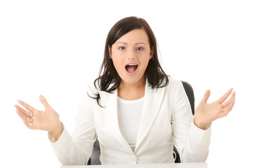 Closeup portrait of woman sitting at the desk