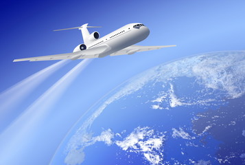 airplane over earth on blue background
