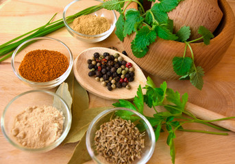 Spices with pestle and mortar