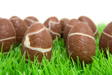 chocolate easter eggs in grass over white background