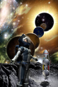 astronaut and alien planet