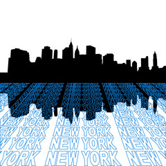 Lower Manhattan skyline with perspective text outline