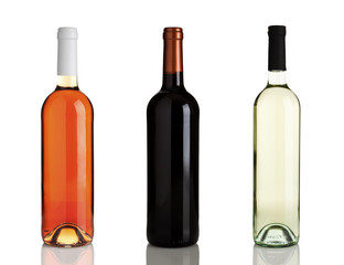 flaschen rotwein, roséwein, weißwein ohne etiketten