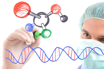Researcher drawing atom symbol and dna on glass