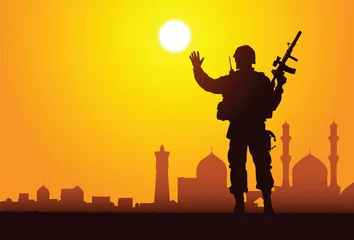 Door stickers Military Silhouette of a soldier with mosques on the background