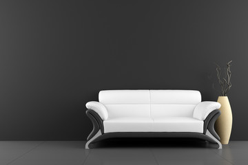 white sofa and vase with dry wood in front of black wall