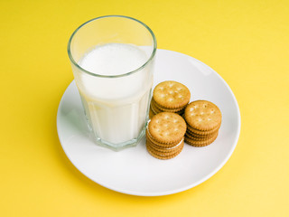 Plate of milk cream filled shortcake and a glass of milk