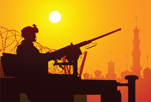 Vector silhouette of a soldier with a machine gun on the vehicle