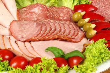 Ham, sausage with garnish