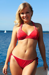 blonde in red bikini