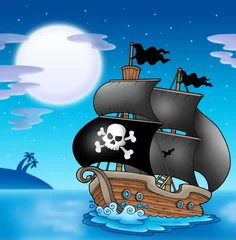Deurstickers Piraten Piratenzeilboot met Maan