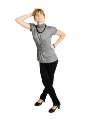 Young woman on white background