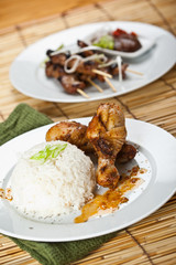 Chicken curry and pork satay