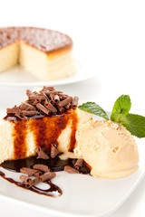 cheesecake  with ice cream and chocolate