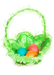 Easter basket with  eggs colorful  eggs