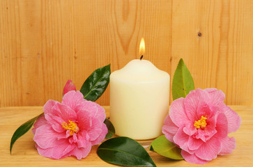 Burning candle and two camellia flowers