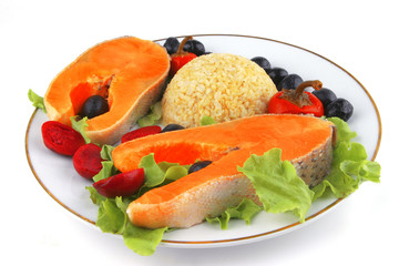 two salmon steak on white dish