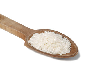Fototapeta na wymiar Wooden spoon with rice isolated on white background