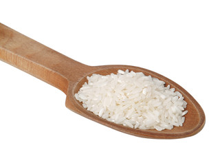 Fototapeta na wymiar Wooden spoon with rice isolated on white background