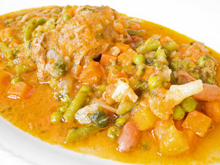 Meat roulade with vegetable soup on white dish.