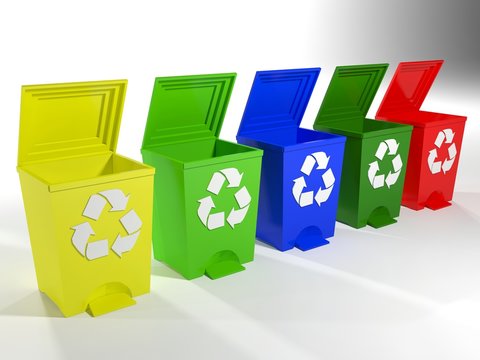 recycle bins in yellow,green,blue and red