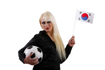 female football/soccer fan with football and flag (South Korea)