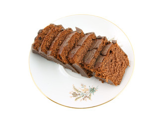 Tasty chocolate cake on plate isolated on white