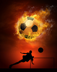 Hot soccer ball on the speed in fires flame