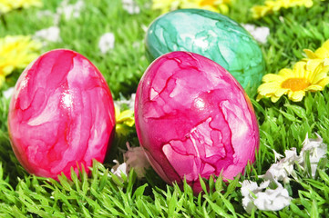 Ostereier auf blühender Wiese
