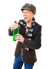 Young man with green bottle