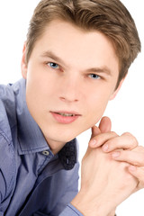 Closeup image of a pleasant man isolated on white background