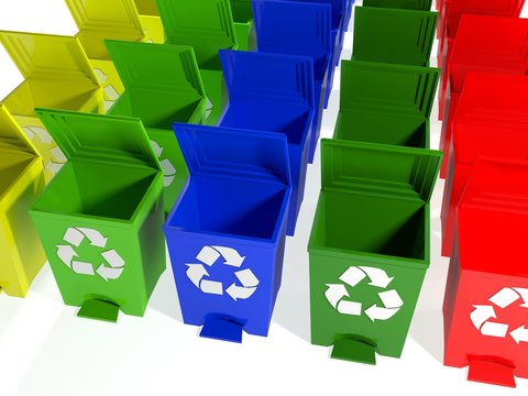 recycle bins in yellow,green,blue and red