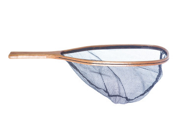 Handmade wooden flyfishing net isolated on white background