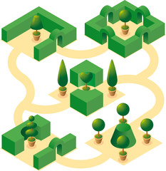 Four classical square garden designs in isometric view