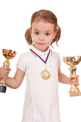 girl with a gold medal and cups.