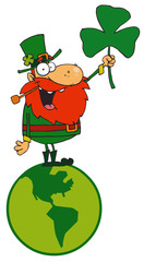 Lucky Leprechaun Standing On A Globe