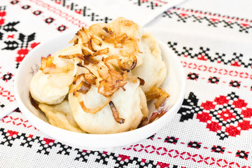 Ukrainian vareniki or dumplings with fried onion