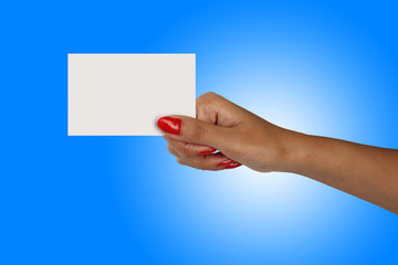 Red nail polished female hand with a blank card