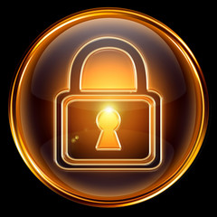 Lock icon gold, isolated on black background