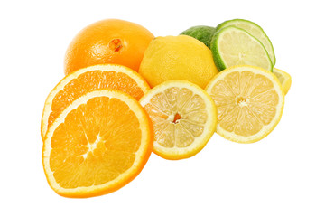 Fototapeta na wymiar Assorted healthy vitamin C rich fresh citrus fruits on white.